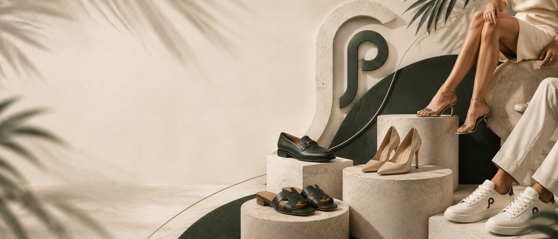 Premium shoes displayed on sculptural stone plinths